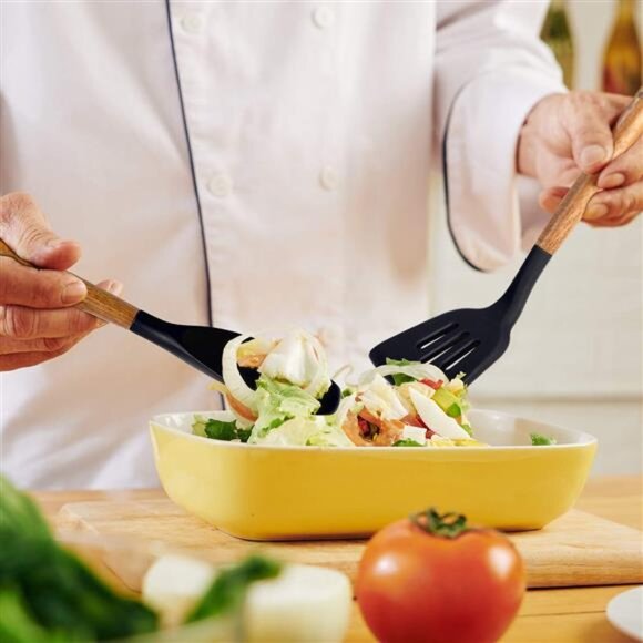 Non-Stick Silicone Kitchen Utensils Set with Natural Acacia Hard Wood Handle - Picture 3 of 7